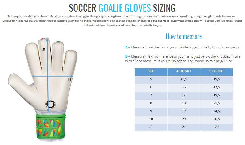 Elite Sport Goal Keeping Sizing Chart, Elite Sport GK