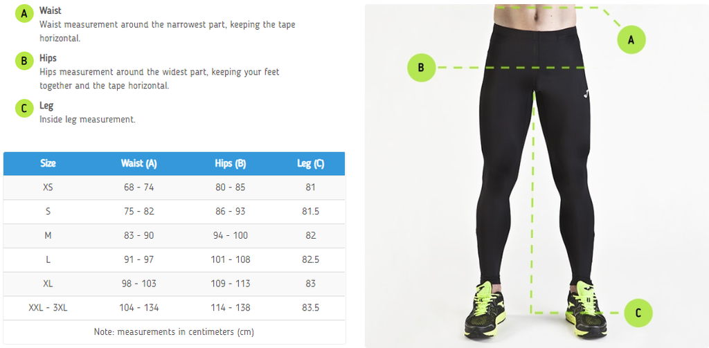 Joma Men's Bottoms Sizing Chart