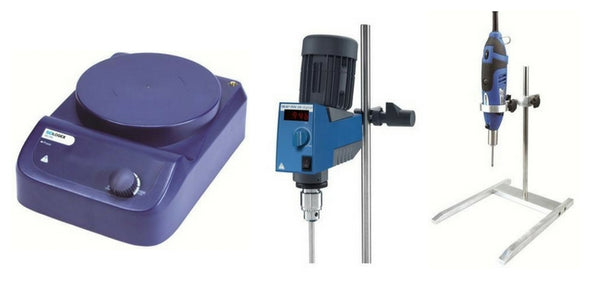 A magnetic stirrer, an overhead mixer, and a homogenizer.