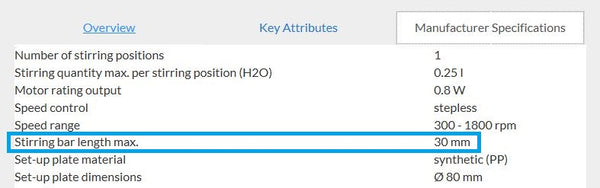 Manufacturer specifications for an IKA Topolino magnetic stirrer.