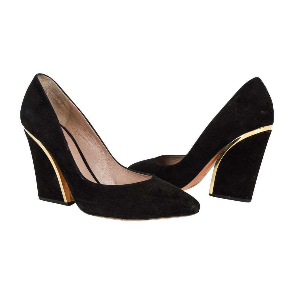 black and gold block heel shoes