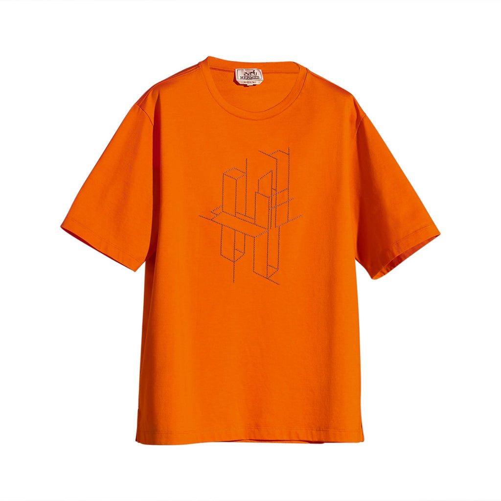 Hermes Men's T-Shirt H 3D Embroidery Hermes Orange Cotton M