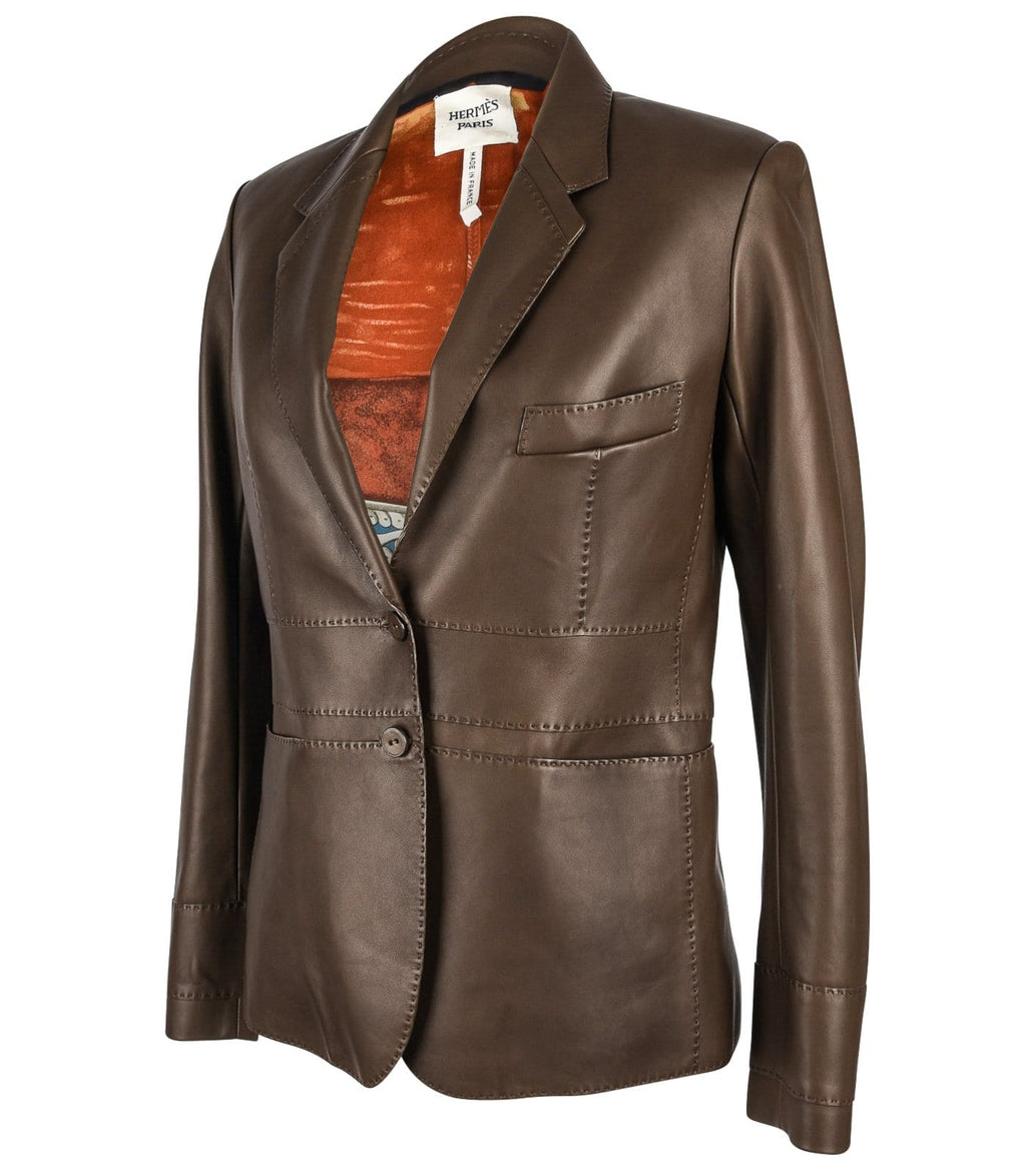 Hermes Jacket Brown Lambskin Leather Silk Print Interior Blazer 38 / 8 –  Mightychic