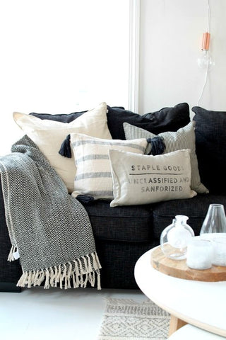 Cushions on a navy sofa
