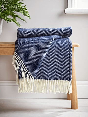 Navy Blue Wool Blanket / Throw on a bench