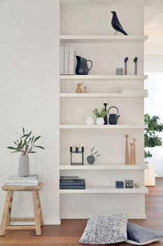 White wall with white shelves