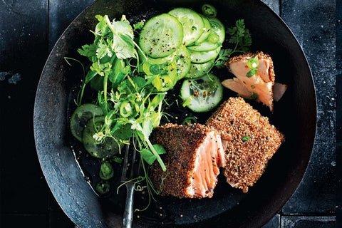 Dukkah-Crusted Salmon With Cucumber and Chile Salad