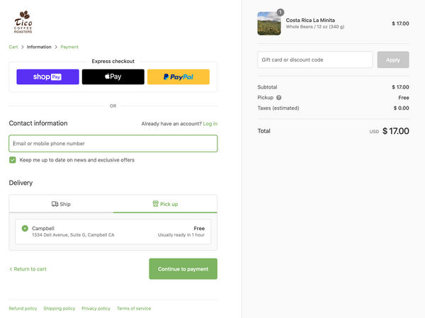 Tico Coffee Roasters Checkout with Pickup option