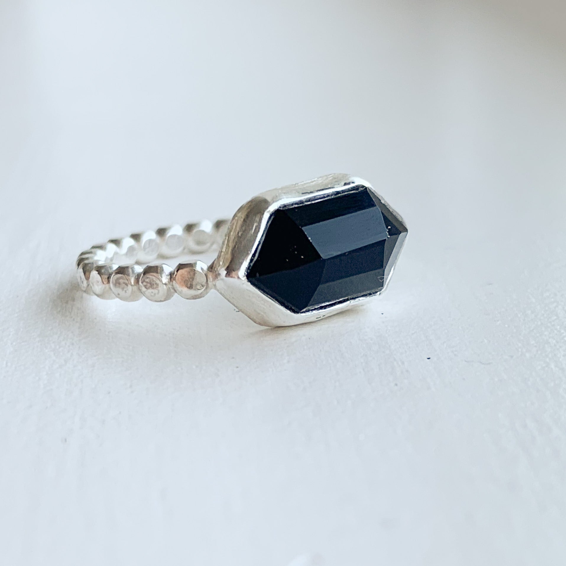 Black Onyx hex ring - sterling silver - size 8