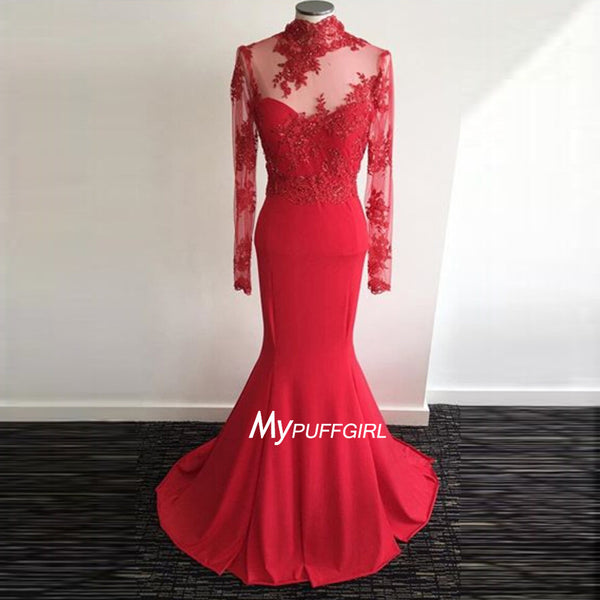 red high neck backless lace dress