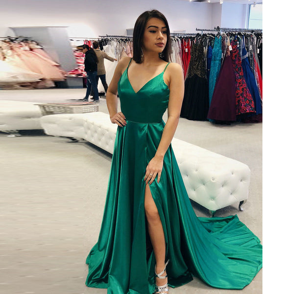 green silk prom dress