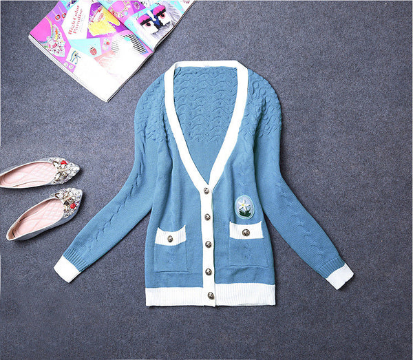 blue and white cardigan sweater