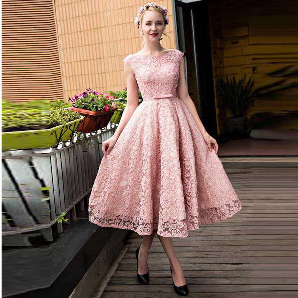 blush pink tea length dress