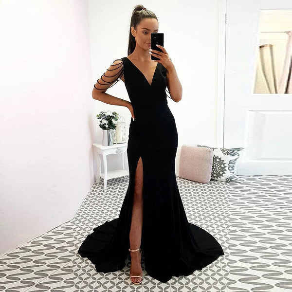 black evening gown with train