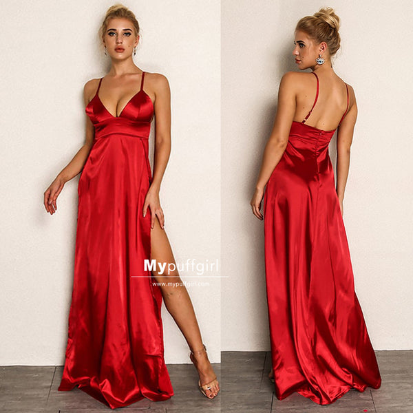 red silk dress