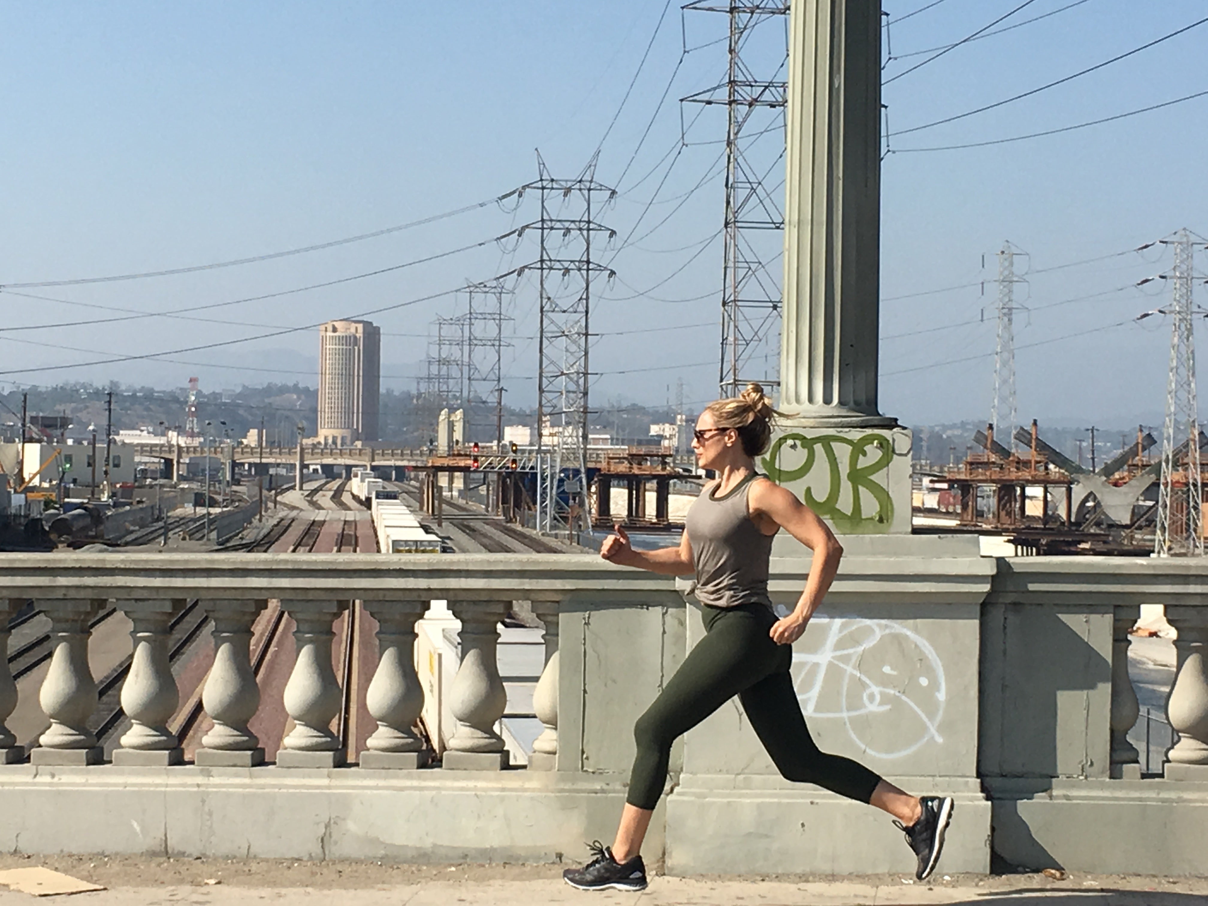 American Fitness Couture_Olive Leggings and Sports Bra_Woman Running