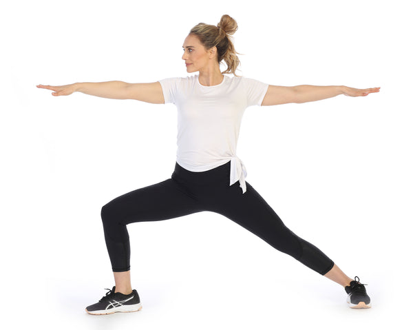 White-Organic Bamboo Yoga Tee-Black-Leggings-Warrior Pose