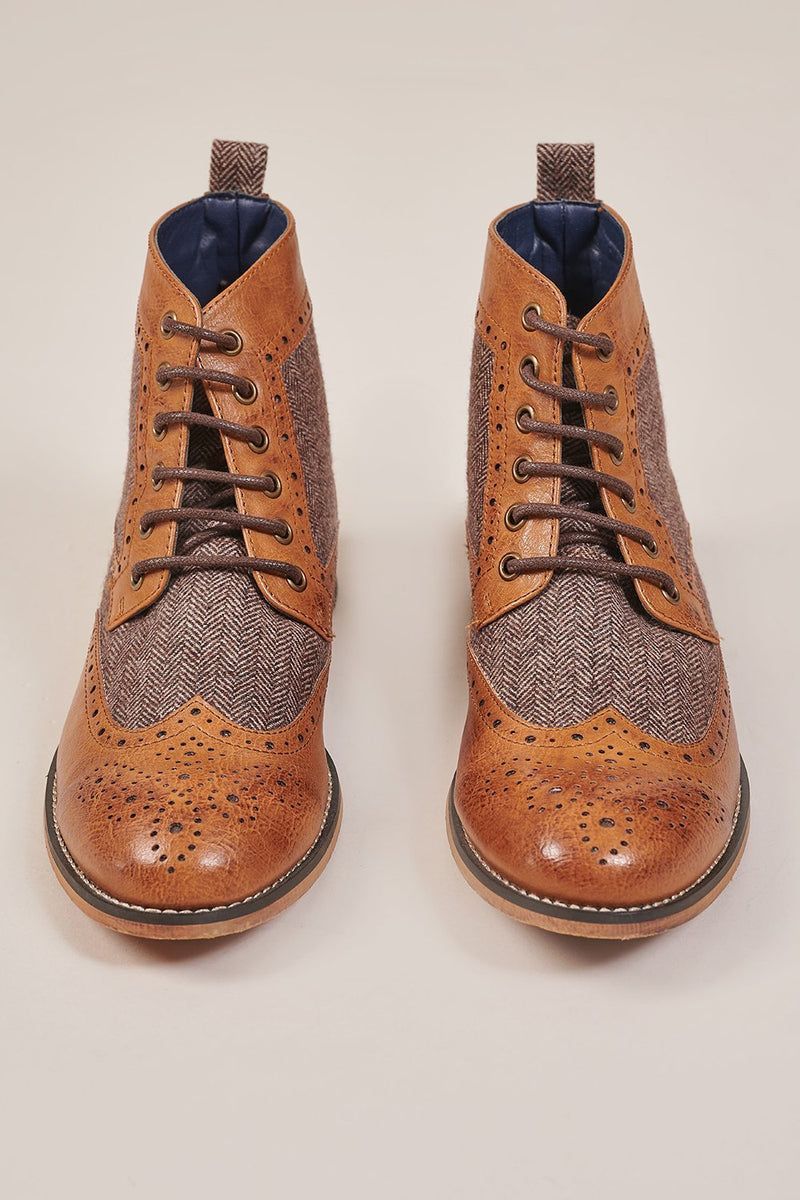 Cavani Tan Tweed Brogue Boots - £59.99 