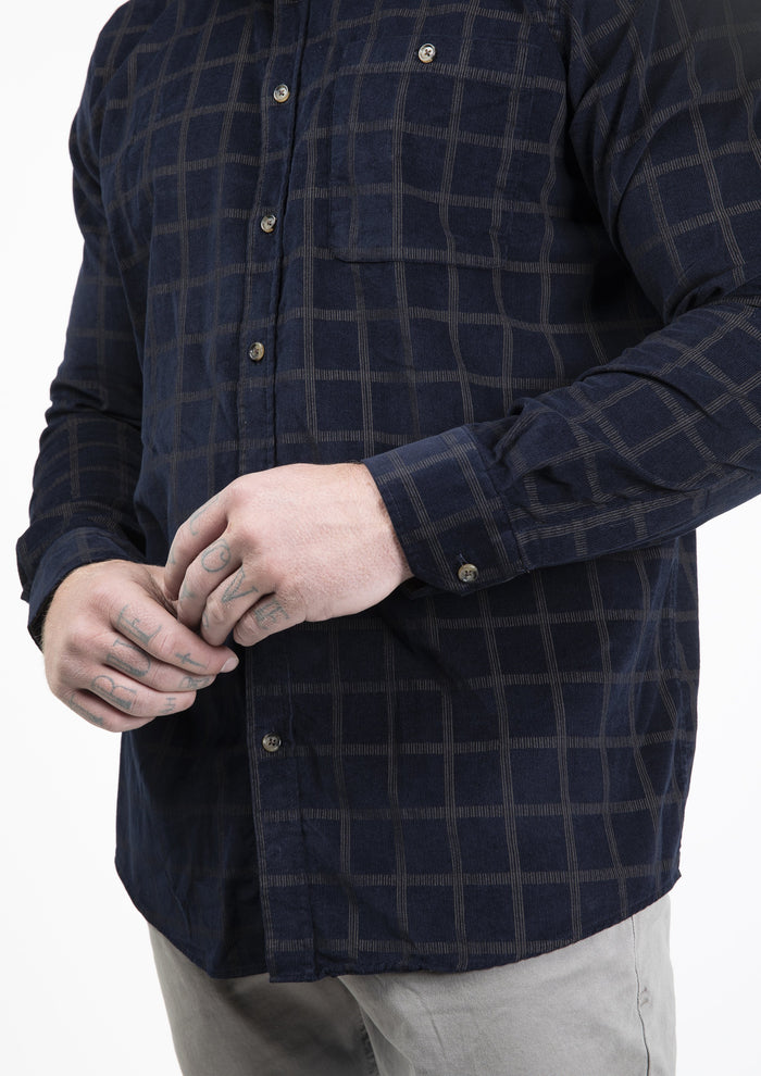 Guide London Micro Cord Navy & Gold Check Shirt