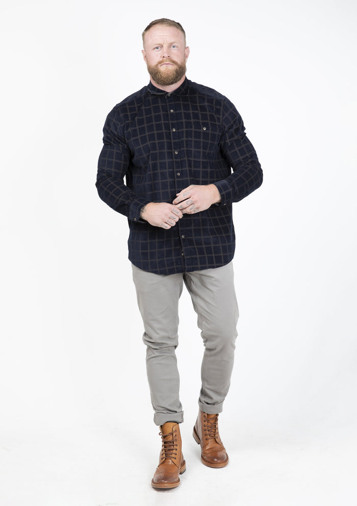 Guide London Micro Cord Navy & Gold Check Shirt