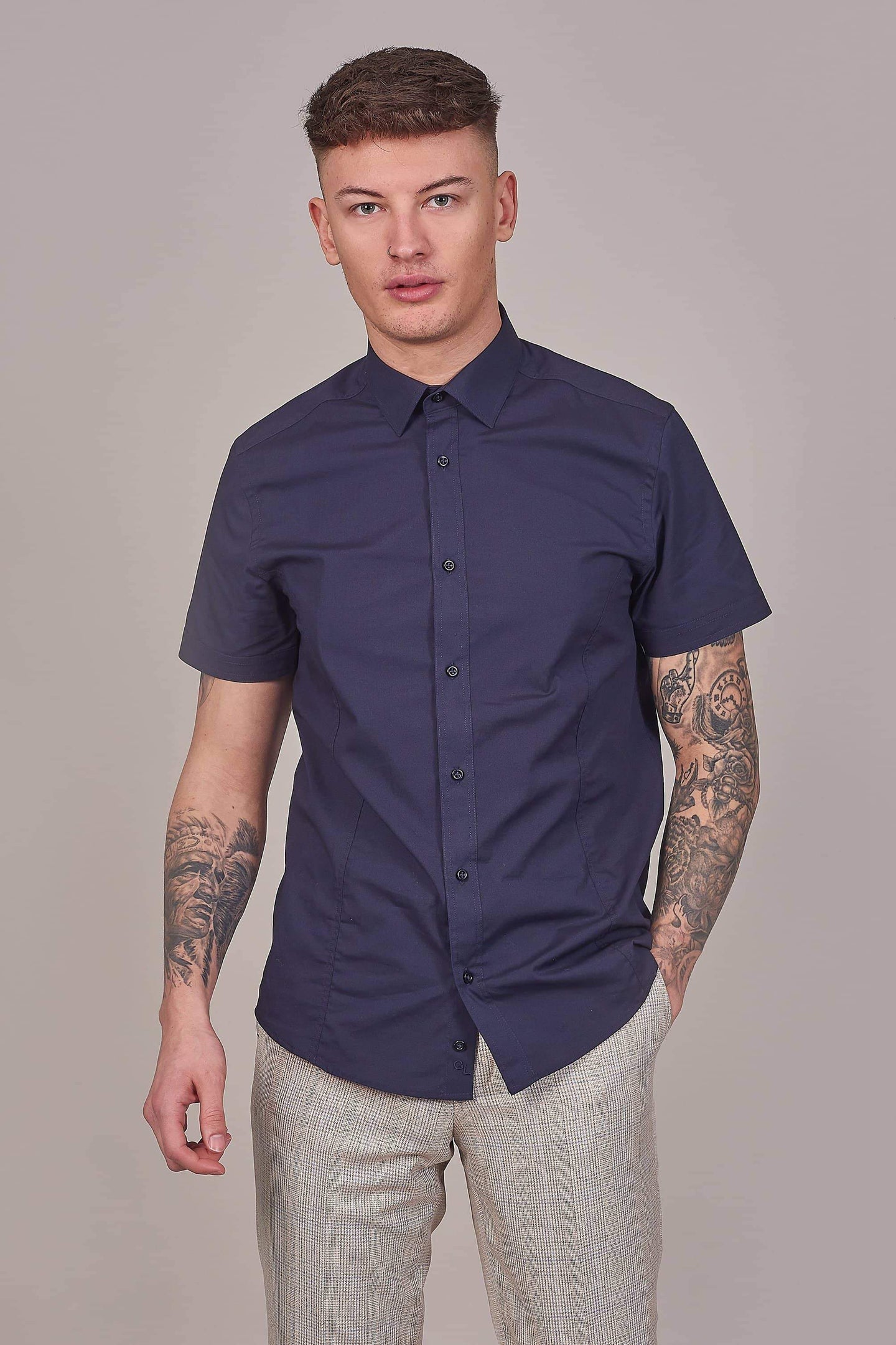 Guide London Navy Cotton Stretch Short Sleeved Shirt S