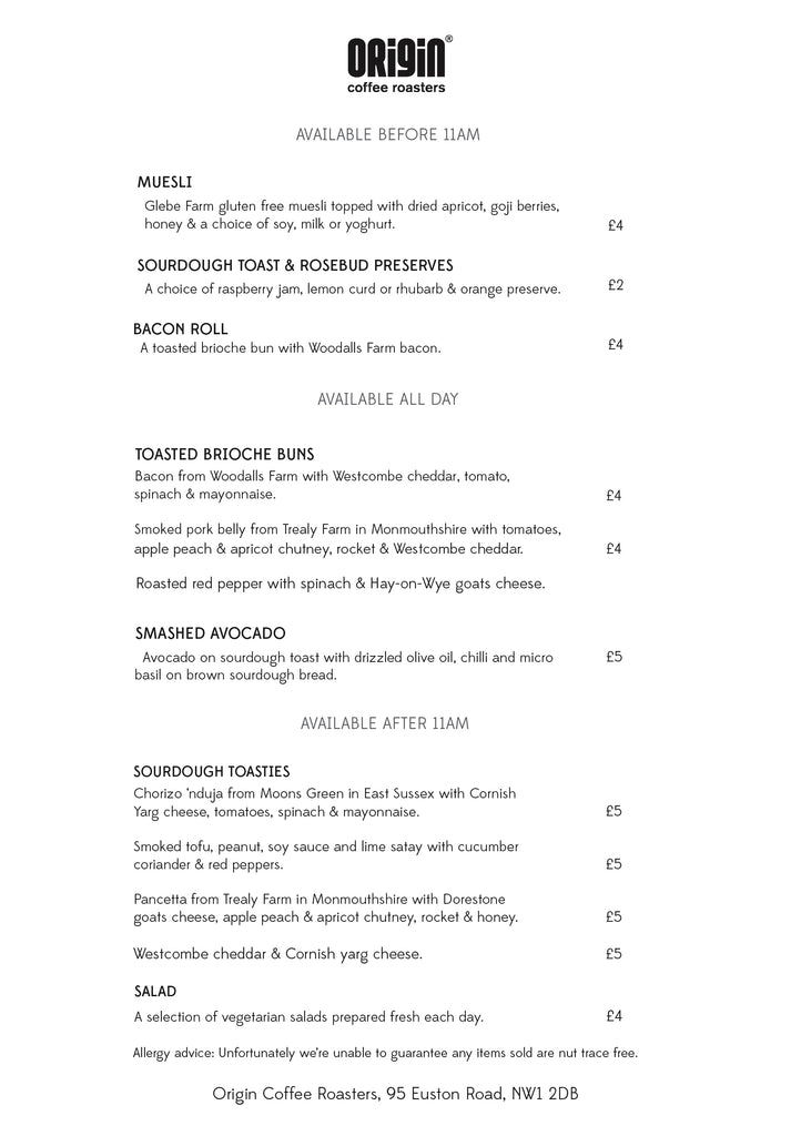 Sample food menu. Origin Euston Road coffee shop