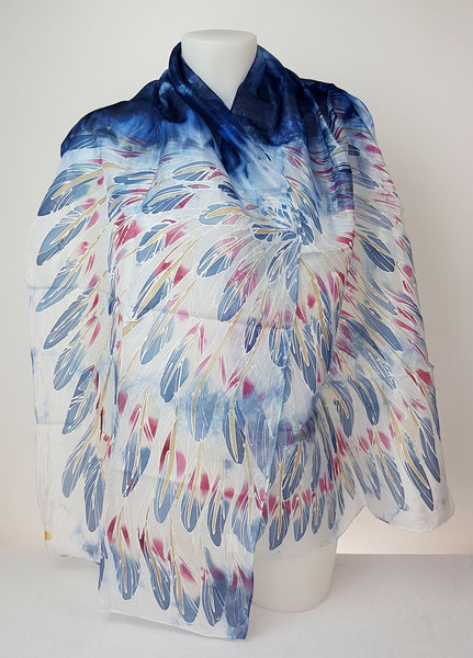Blue Heron – dark blue silk scarf with painted blue and pink wings