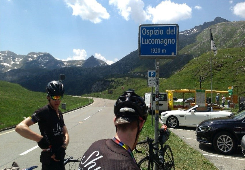 Billy (facing) and Jered, at the top of the Lucomagno climb.