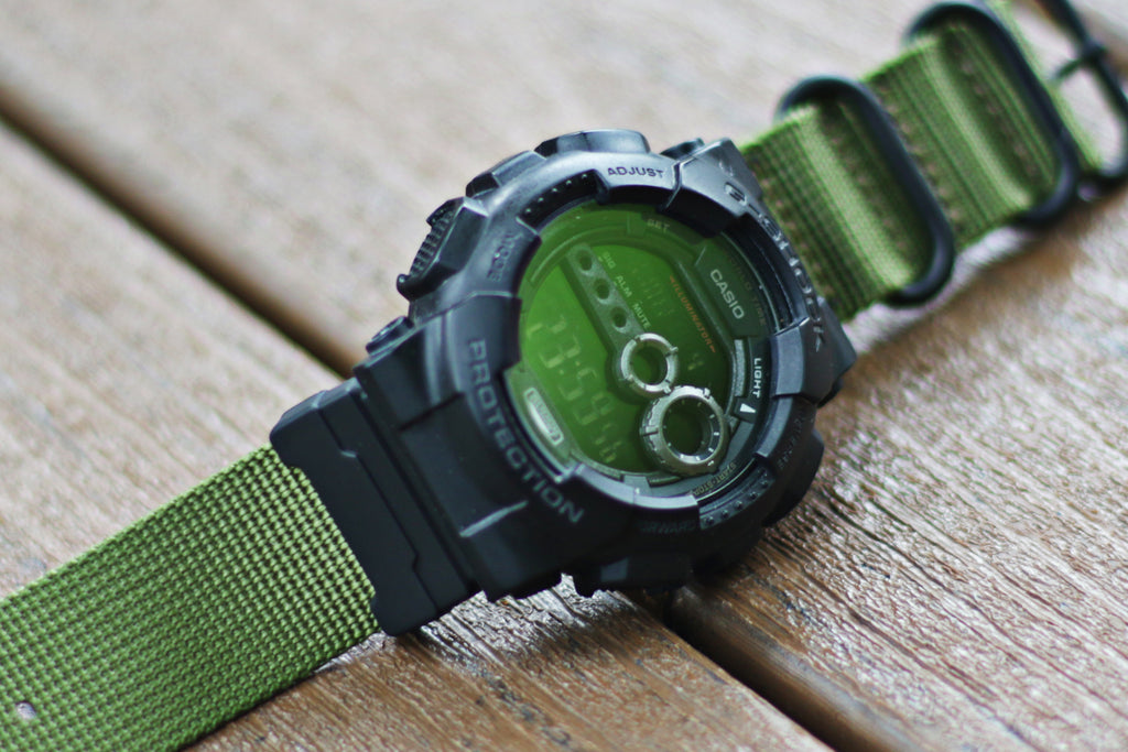 Casio G-Shock GD100 with 24mm ballistic nylon strap and adapter