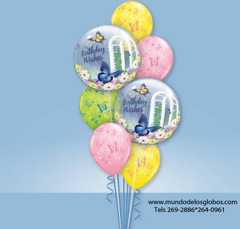 Bouquet Happy Birthday, Birthday Wishes y Globos de Colores con Mariposas