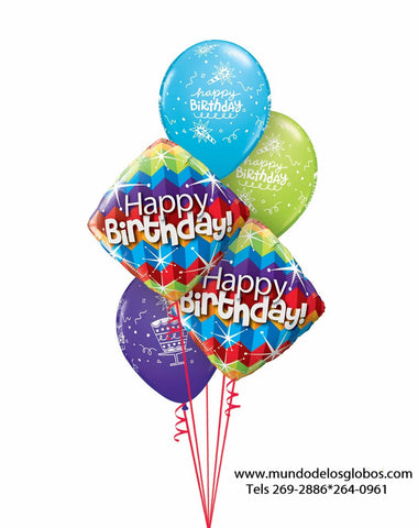 Bouquet Happy Birthday con Diamantes de Colores y Globos con Patel de Cumpleaños