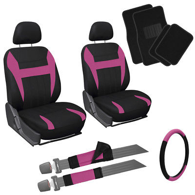 Car Accessories 13pc Front Bucket Van Seat Covers Set Pink Black Steering Wheel + Floor Mats 4C
