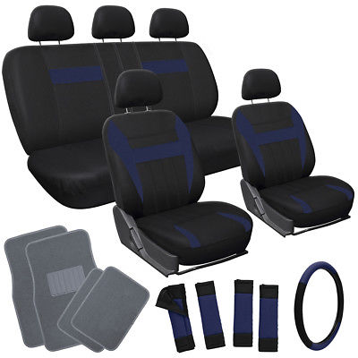 Car Accessories 20pc Blue Black SUV Seat Cover Wheel + Pads + Head Rests + gray Floor Mats 3C