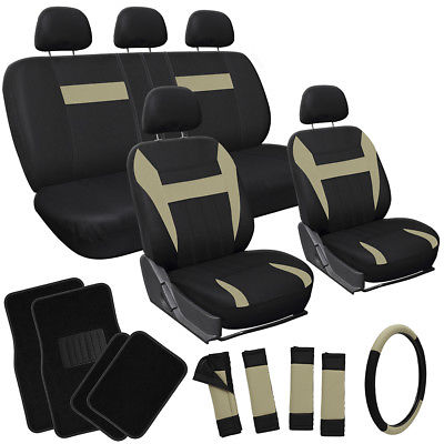 Car Accessories 21pc Set Tan Beige Brown Black SUV Seat Cover + Steering Wheel + Floor Mat Combo