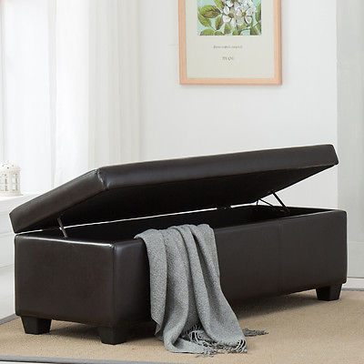 Espresso Faux Leather Storage Ottoman Large Bench Foot Rest Seat Room Decor, 48"