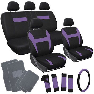 Car Accessories 21pc Set Purple Black VAN Seat Covers Wheel + Head Rests + Gray Floor Mats
