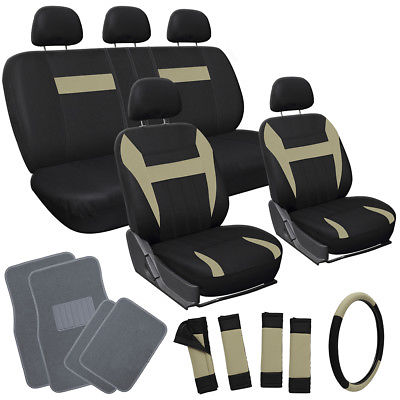 Car Accessories 20pc Set Beige Brown Tan Black Seat Covers Wheel Pads+Head + gray Floor Mat 1D