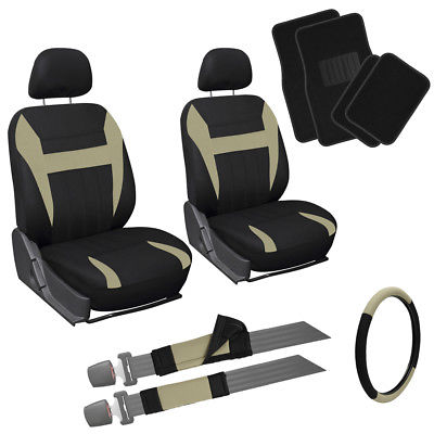 Car Accessories 13pc Front Bucket SUV Seat Cover Set Tan Black Wheel Belt Head Floor Mats 3E