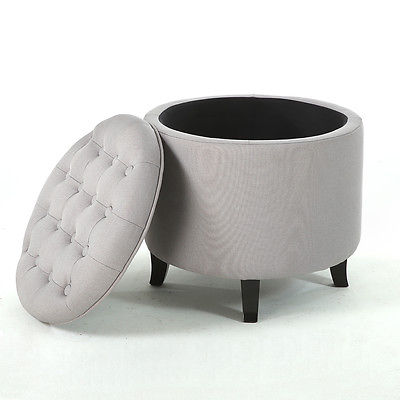 Classic Storage Ottoman Seat Nailhead Trim Large Round Tufted Table Tray, Gray