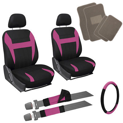 Car Accessories 13pc Pink Black Front Bucket SUV Seat Covers Set Beige Tan Carpet Floor Mats 3B