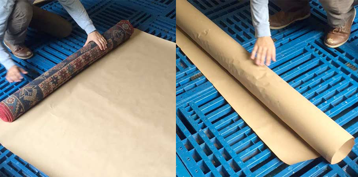 Wrapping rug with brown acid-free paper