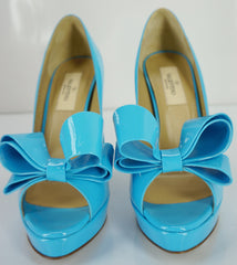 Valentino Blue Patent Bow Ope Toe Platform Pumps SZ 37 high heels $895 NIB