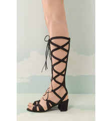 Stuart Weitzman Black Grecian Gladiator Sandals SZ 7 Strappy Knee High $300 New