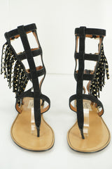 Valentino Fringed Rockstud Gladiator Flat Sandals SZ 36.5 New Caged Black $1675