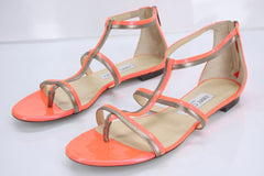 Jimmy Choo Tabitha T Strap Stiped Caged Sandals SZ 37.5 Flat Thong New $795