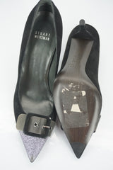 Stuart Weitzman Glitter Cap Toe Pointy Black Suede Pumps SZ 7 Buckle Industry