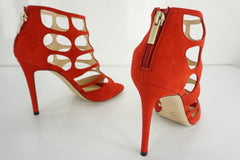 Jimmy Choo Red Suede Ren Caged Strappy Cutout Sandal Size 37 High Heels NIB $750
