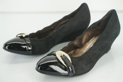 AGL Silver Buckle Strap Cap Toe Ballet Wedge Pumps Size 36.5 Black Suede $340