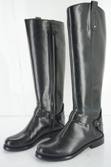 Tory Burch Derby Black Leather Riding Boot Size 4.5 Tall Knee Logo Heel NIB $495