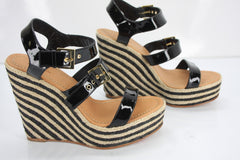 kate spade Black Patent Lucie Striped Platform Wedge Sandals Size 9.5 NIB $278
